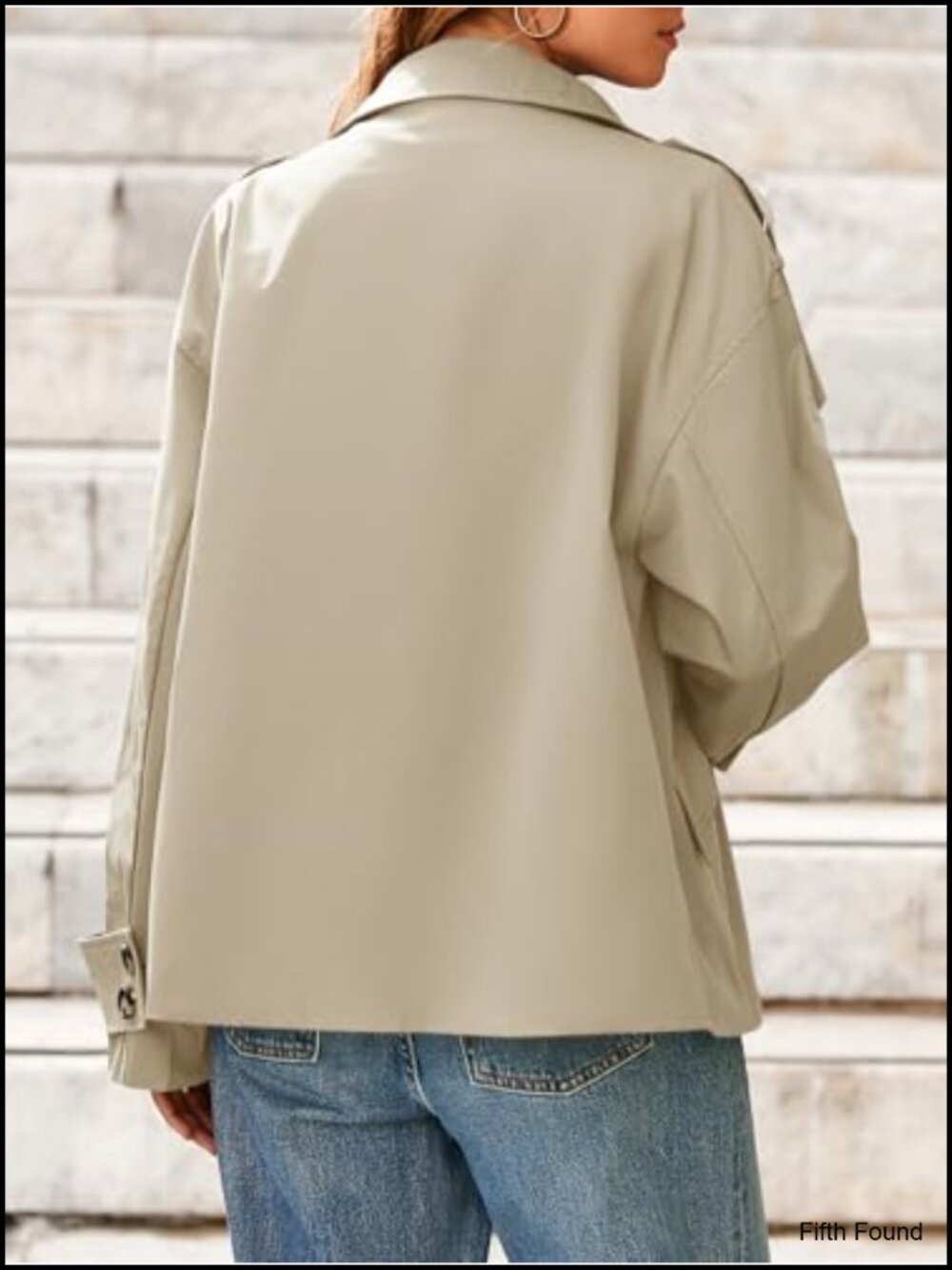 Cropped Trench Coat Oversized Double Breasted Funnel Neck Stand Collar Button - Picture 3 of 6